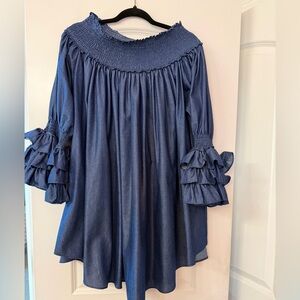 Blue Off-Shoulder Smocked Ruffle-Sleeve Women's Top